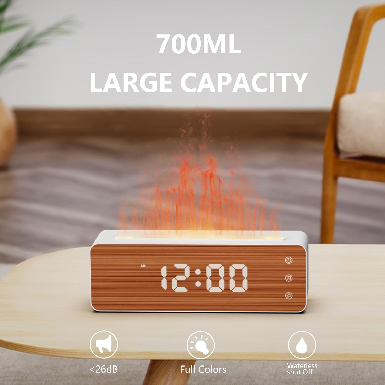 Flame Diffuser Humidifier, 700Ml Large Fire Diffuser Humidifier for Desk, Full-Color Adjustable, Time & Humidness Display, 26Db Quiet, Cool Mist Diffuser, Essential Oil Diffuser for Bedroom