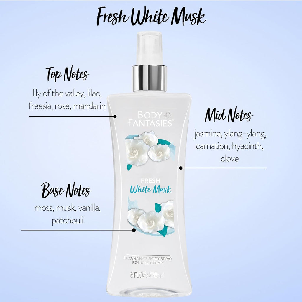 Body Fantasies Signature Fragrance Body Spray, Fresh White Musk, 8 Fluid Ounce
